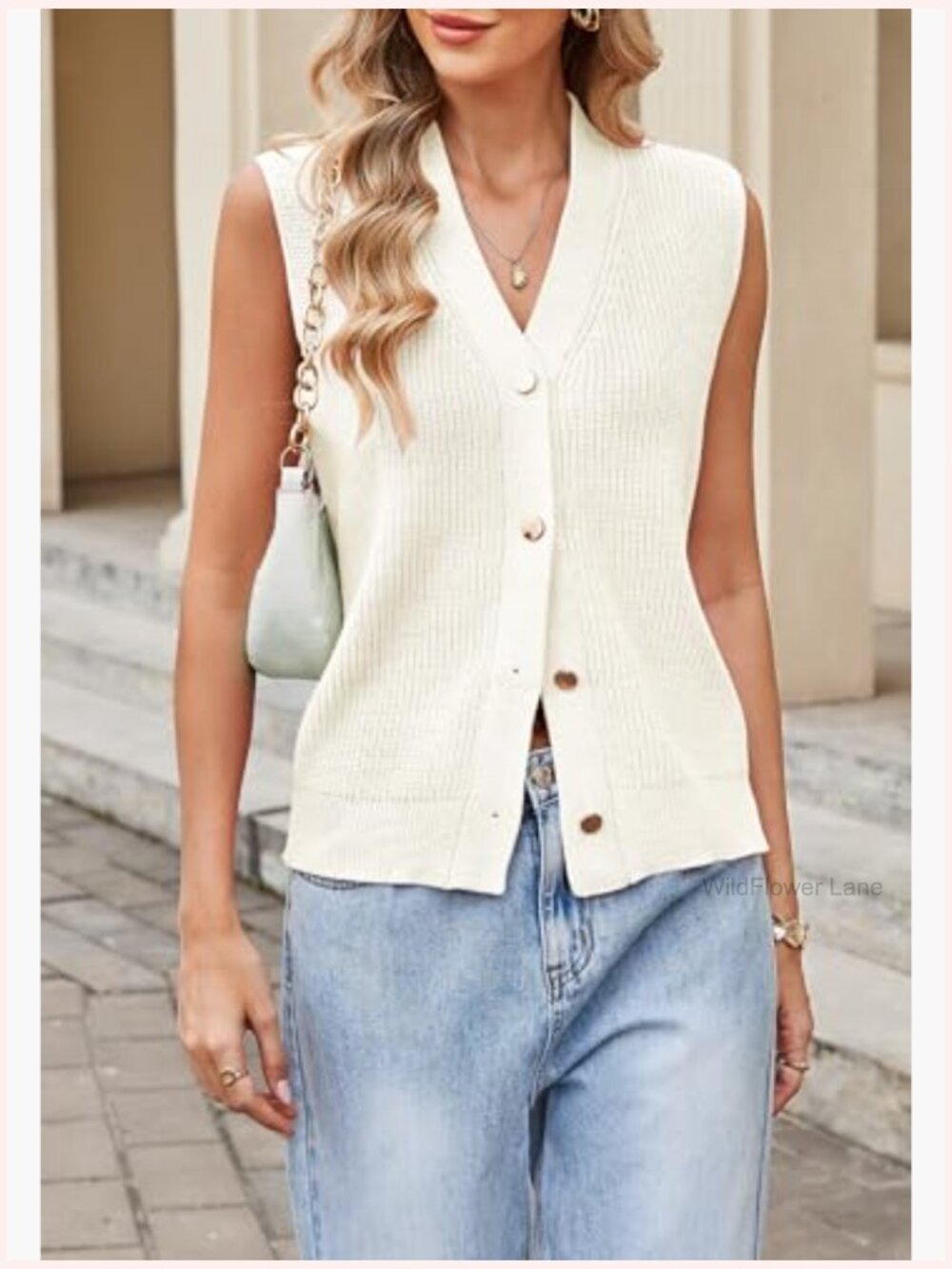 Sleeveless Knit Sweater Vest, Gold Button Cardigan, Summer Layering Top - Picture 3 of 7